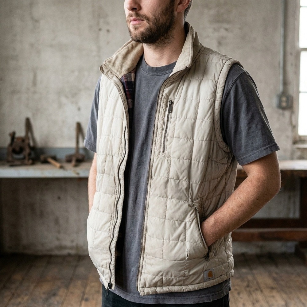 Vintage Carhartt Mens Puffer Vest Small Tan Reversible Plaid Lined Full Zip